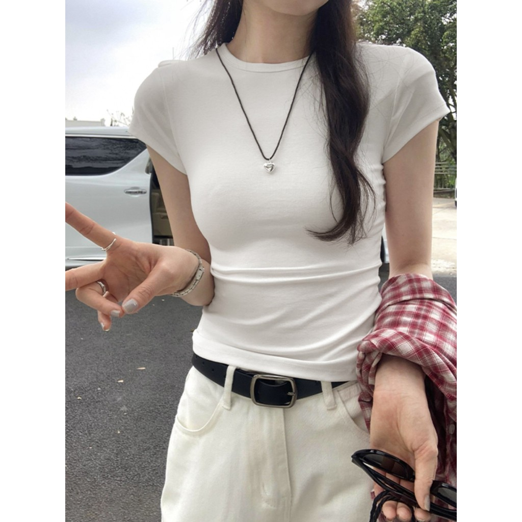 Camisa de fundo branca de manga curta camiseta interna feminina verão novo estilo quente menina magro-ajuste mais magro