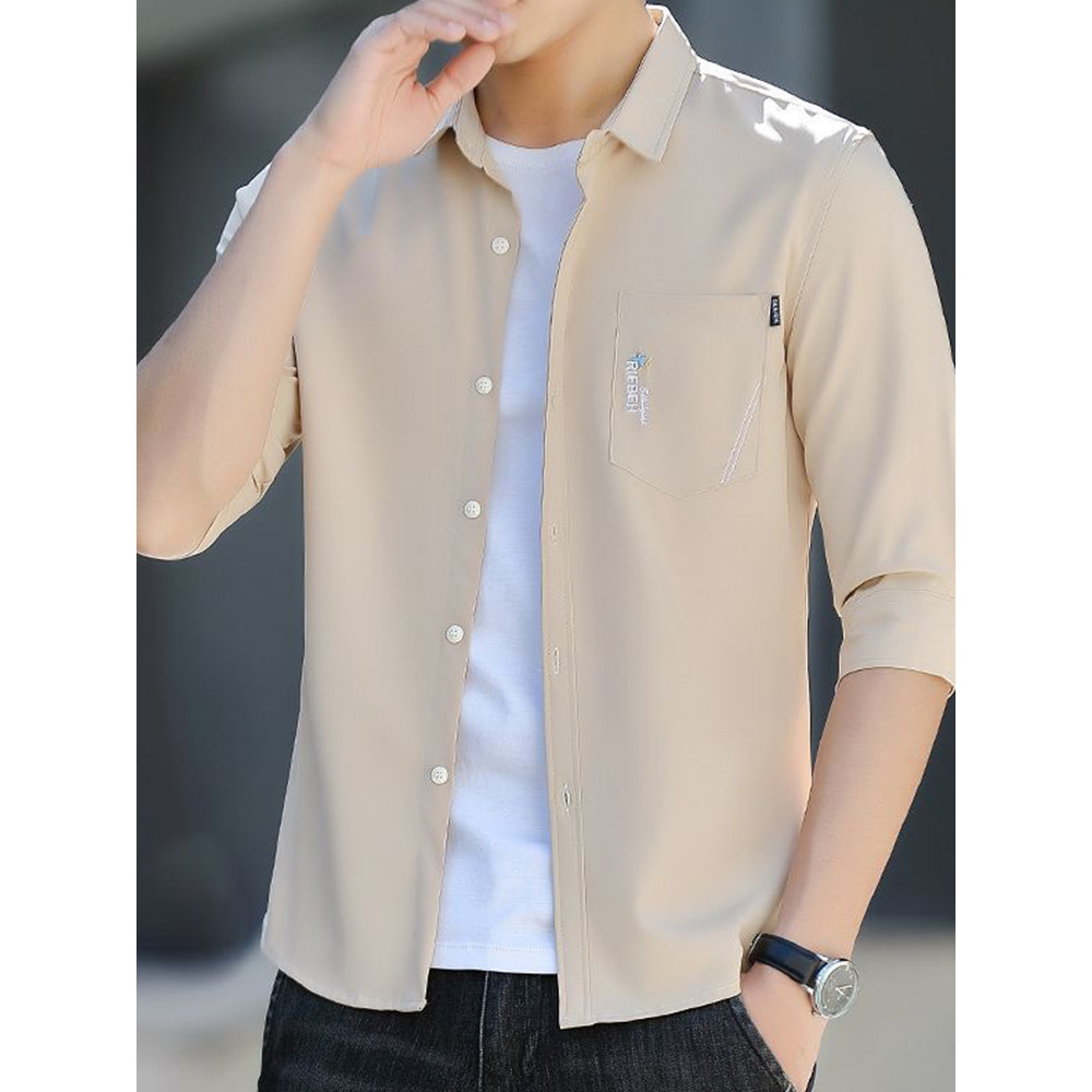 Camisa de manga de três quartos de seda gelo masculina verão estilo fino na moda All-Match camisa de manga curta masculi