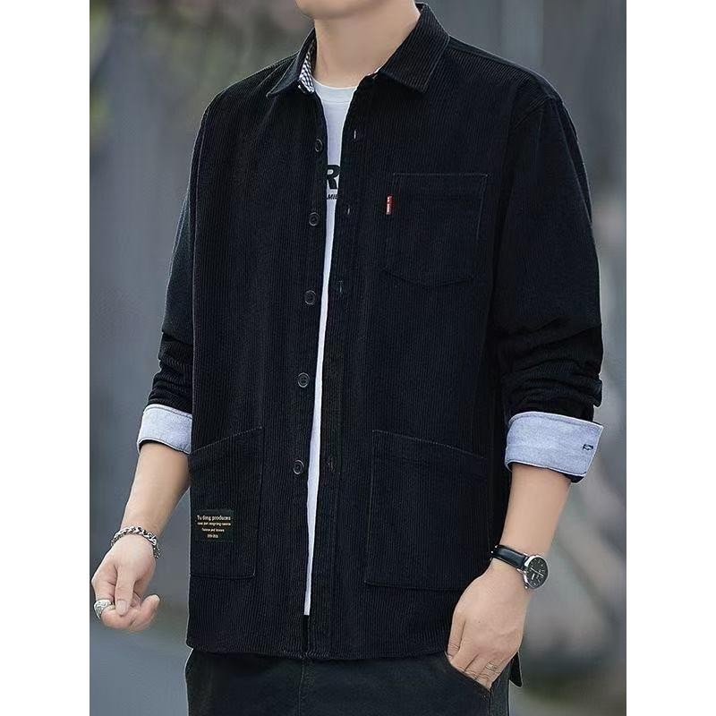 2025 novo estilo veludo carga camisa jaqueta fina masculina primavera outono manga comprida Retro Multi-bolso Casual top