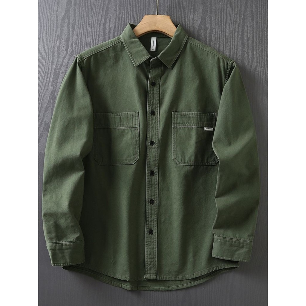 Estilo militar puro algodão Workwear camisa masculina de manga comprida primavera outono fino-ajuste duplo bolso outono 