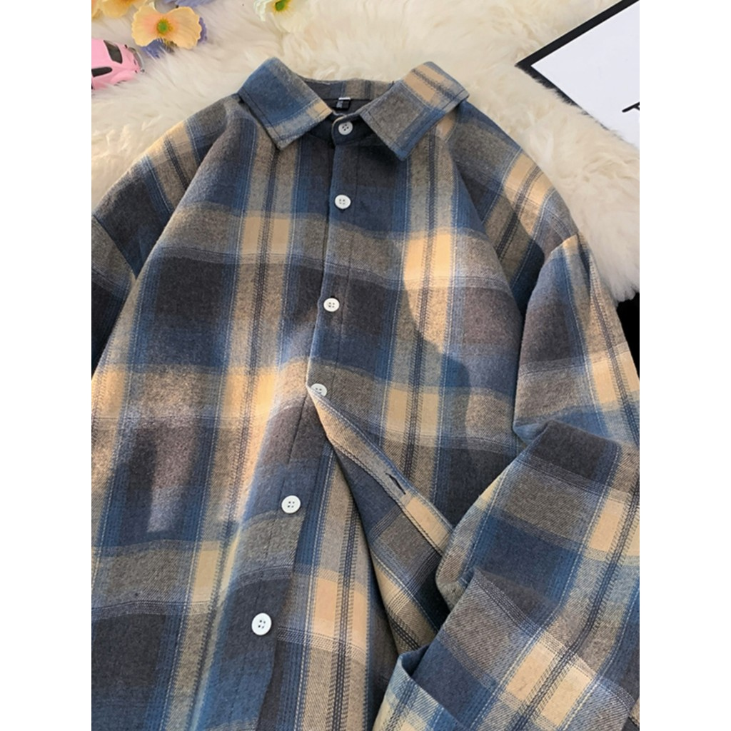Camisa xadrez vintage americana masculina de manga comprida All-Match camisa Casual primavera outono solto Street Wear j