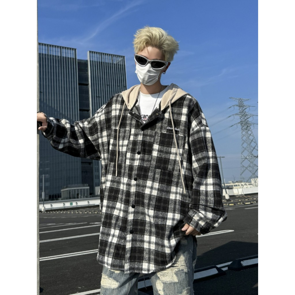 Japonês Retro xadrez camisa de manga comprida masculina bf na moda falso camisa com capuz de duas peças primavera outono