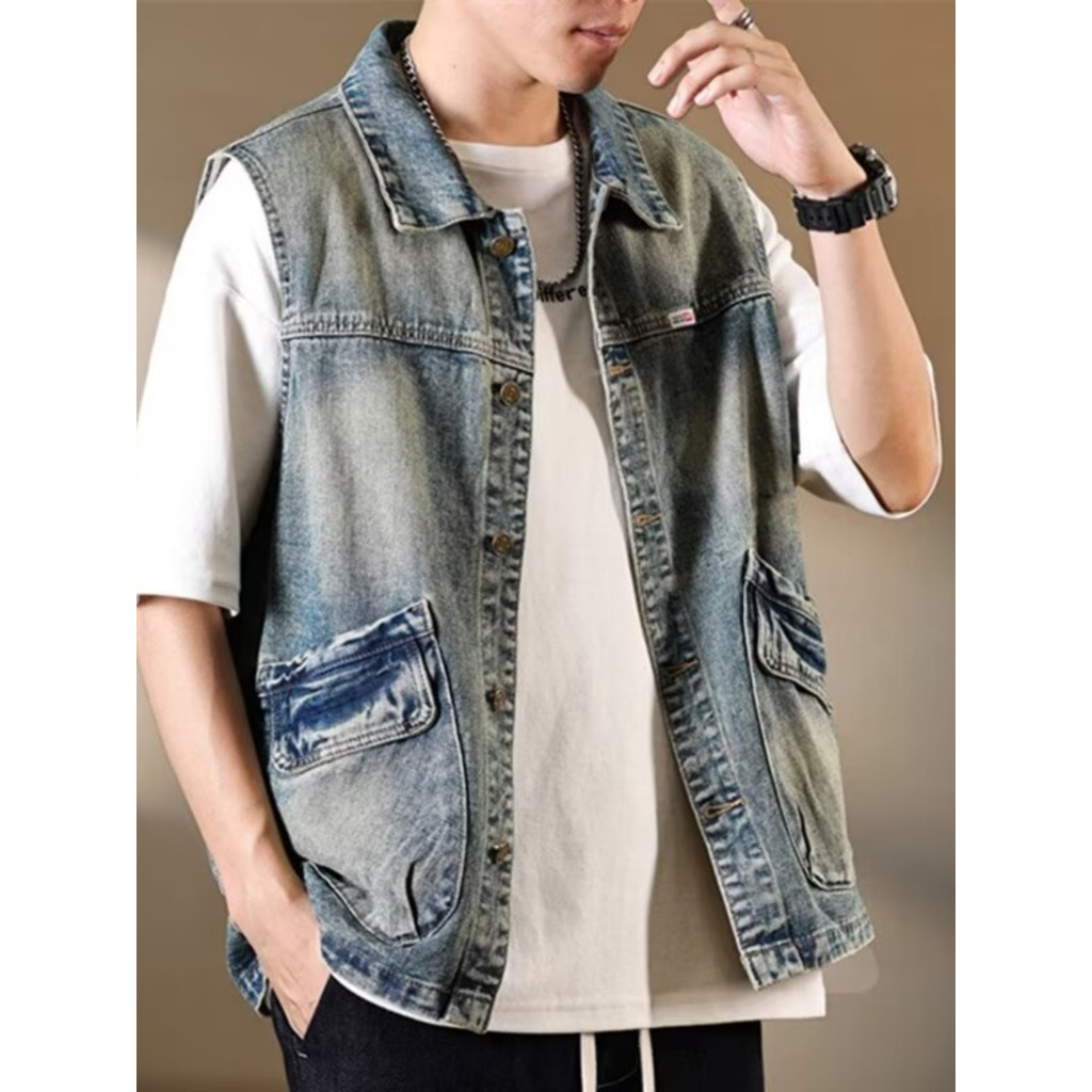 Verão americano Retro nostálgico Denim colete masculino solto na moda colete Workwear dopamina colete jaqueta fina