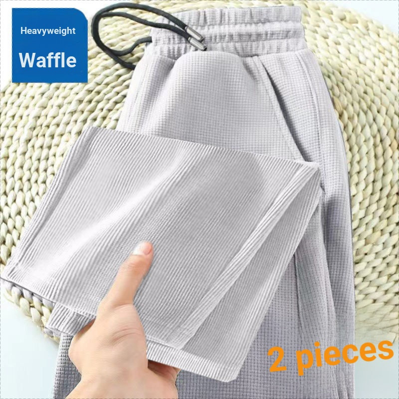 Calças casuais masculinas na moda primavera outono grosso cor sólida calças soltas adolescente Waffle calças esportivas 