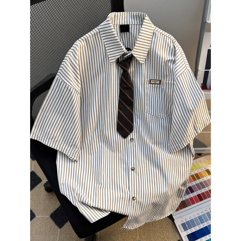 Retro japonês listrado camisa masculina de manga curta tendência verão estilo Preppy casal topo solto camisa Casual jaqu