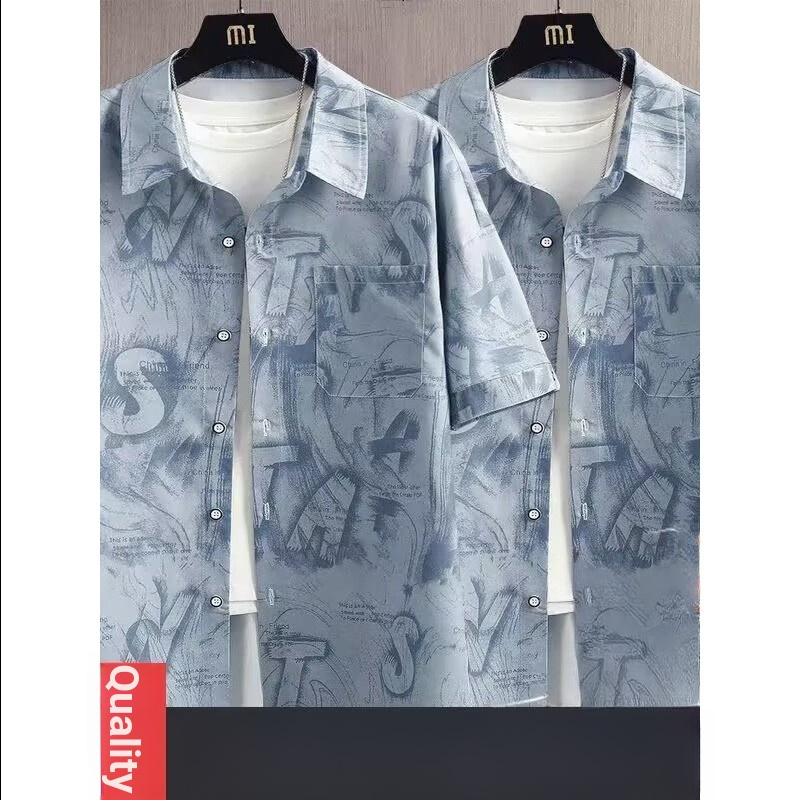 Camisa estampada estilo Hong Kong masculina solta rufião bonito ins verão novo estilo camisa de manga curta na moda All-