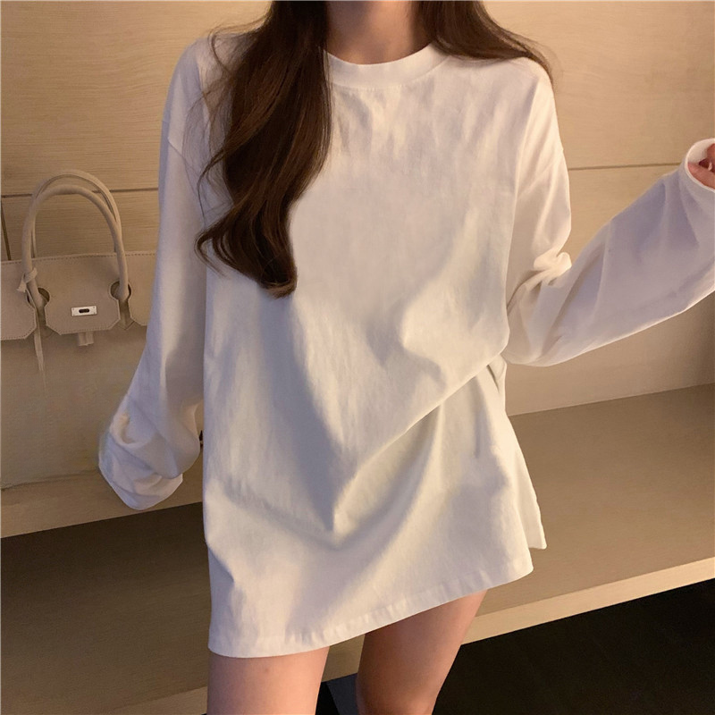 Branco puro algodão de manga comprida camiseta feminina primavera outono Plus Size irmã gorda solto moletom em camadas c