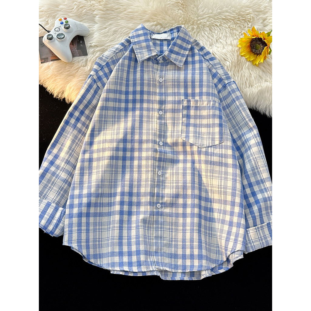 Americano Retro contraste cor camisa de manga comprida das mulheres dos homens primavera outono Casual camisa xadrez na 