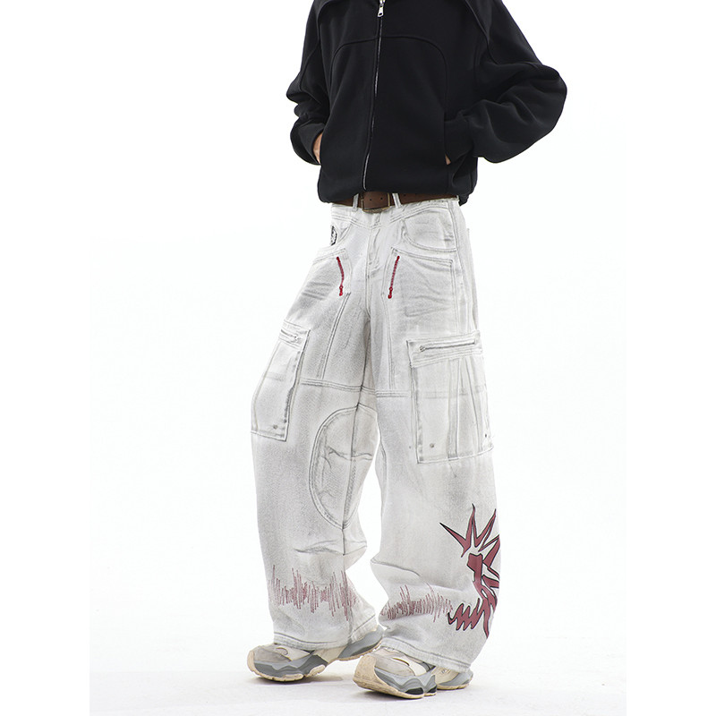 Americano Retro chama impressão macacão Street Wear sujo tingido chão esfregar calças outono solto perna larga calças ca