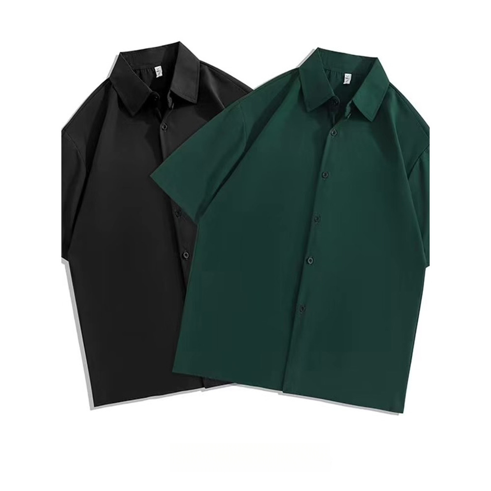 Camisa de seda gelo verão estilo fino masculino Drape solto não-ferro Casual camisa de manga curta preto masculino meia 