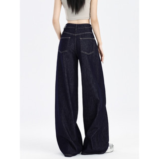 Americano azul escuro Jeans feminino novo estilo tamanho grande gordura mm mais magro olhar calças retas soltas esfregar