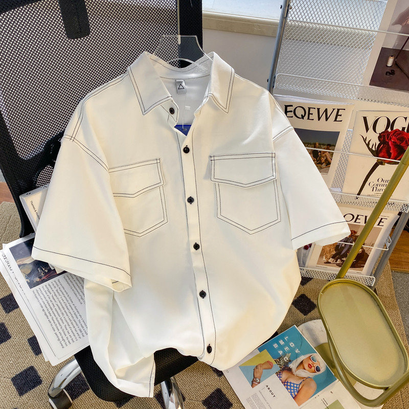 Estilo japonês rufião bonito camisa de manga curta masculina verão na moda ins Design topo versão coreana solta Casual c