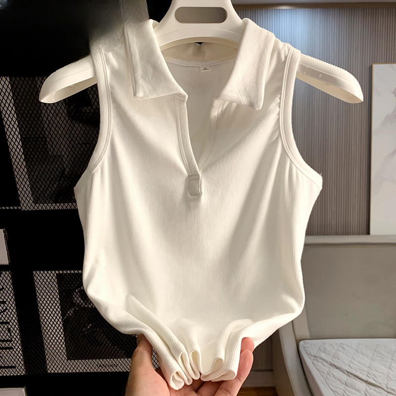 Temperamento branco Polo lapela colete de malha feminino verão novo estilo Design nicho sem mangas mais magro olhar supe