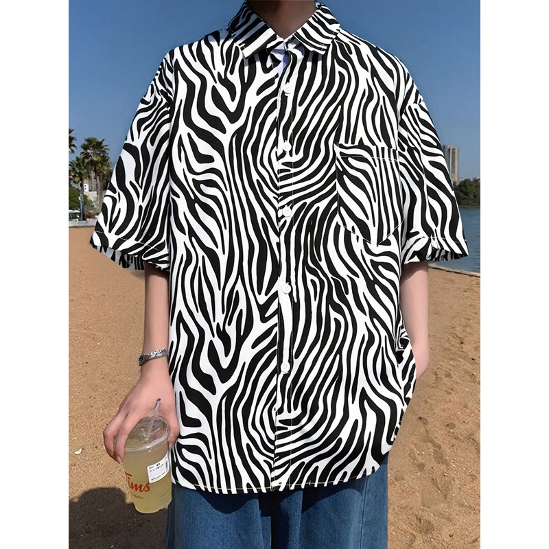 Zebra padrão camisa de manga curta masculina High Street estilo americano rufião bonito topo solto verão na moda gelo se
