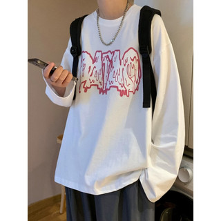 Americano High street pesado algodão de manga comprida camiseta masculina primavera outono solto em torno do pescoço rou