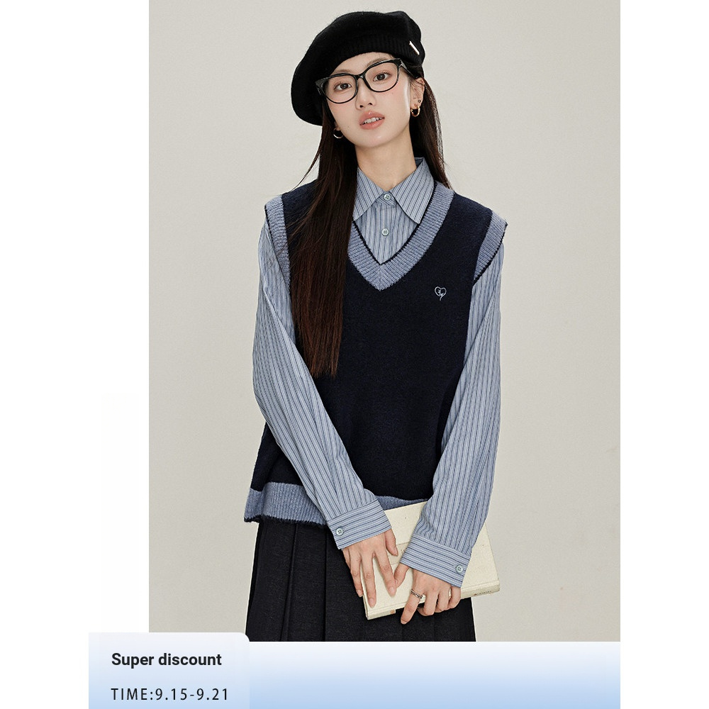 10cm Lotus Lotus Lotus [Blue City Old Things] Outono Inverno Literário Estilo Preppy Contraste Cor All-Match Em Camadas