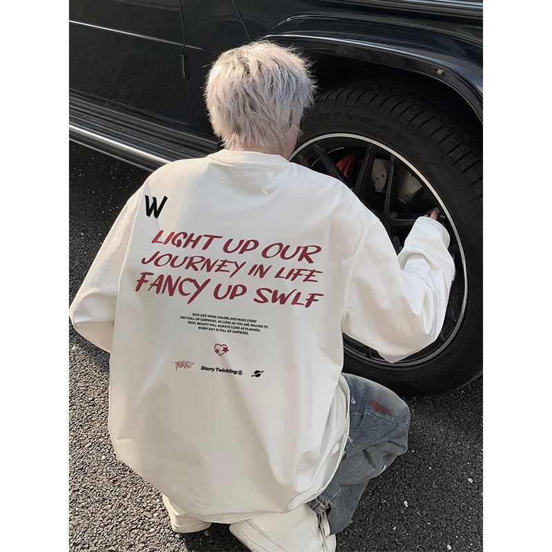 Americano High street puro algodão branco estudante manga comprida camiseta masculina primavera outono street Wear solto