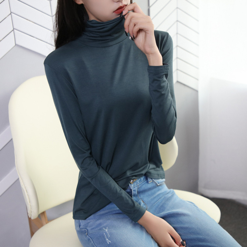 Camiseta feminina de gola alta, primavera outono, estilo ocidental, aparência mais fina, manga comprida, camisa de fundo