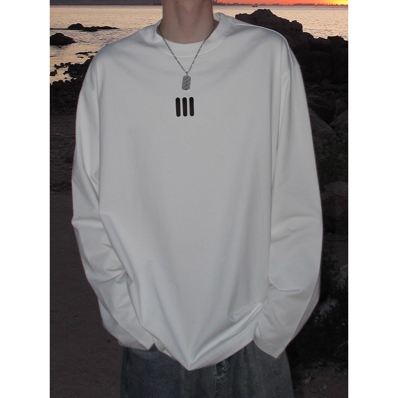 2026 novo estilo americano simples de manga comprida branco camiseta masculina primavera outono ins Street Wear camisa d