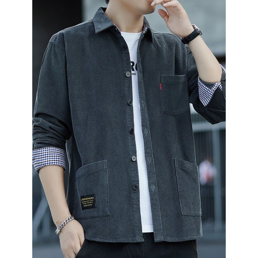 Camisa de manga comprida de veludo masculina primavera outono estilo japonês Workwear polegada camisa masculina Street W