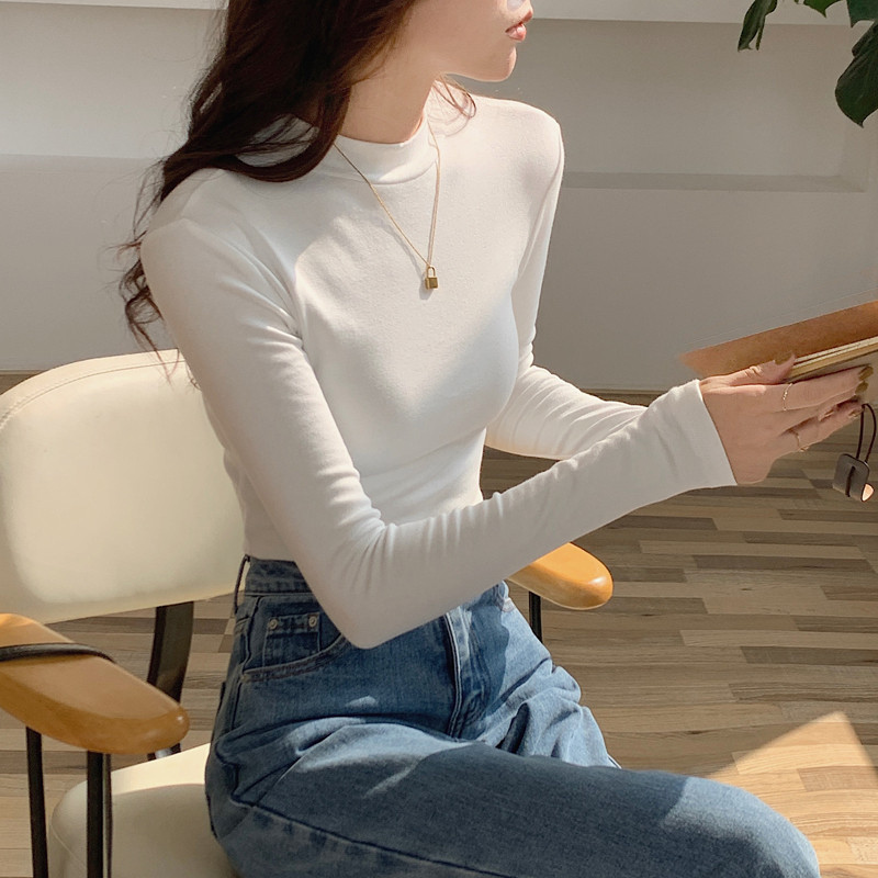 Mulheres primavera outono meia gola alta 2026 camadas estilo ocidental escovado mais lã fina roupa interior mais magro o