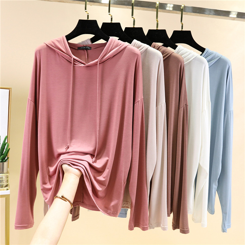 Modal de manga comprida com capuz camiseta feminina primavera verão Plus Size moletom solto camisa de fundo interno mais