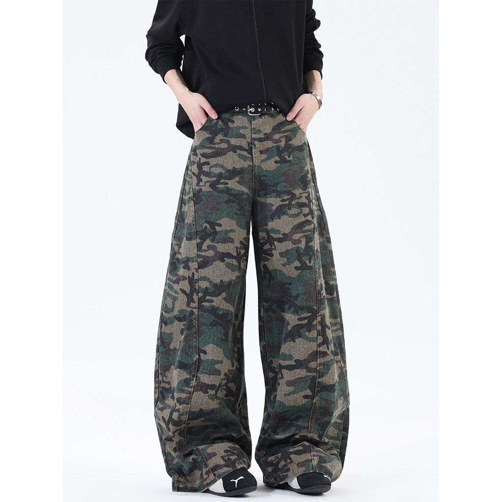 Americano Retro Machete Jeans masculino feminino Street Wear vibe em linha reta calças casuais japonês perna larga camuf