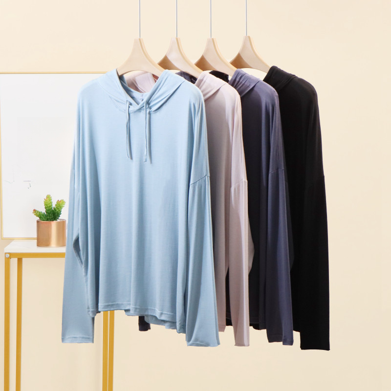 Primavera outono Modal manga comprida com capuz camiseta feminina Plus Size moletom solto camisa de fundo interno mais m