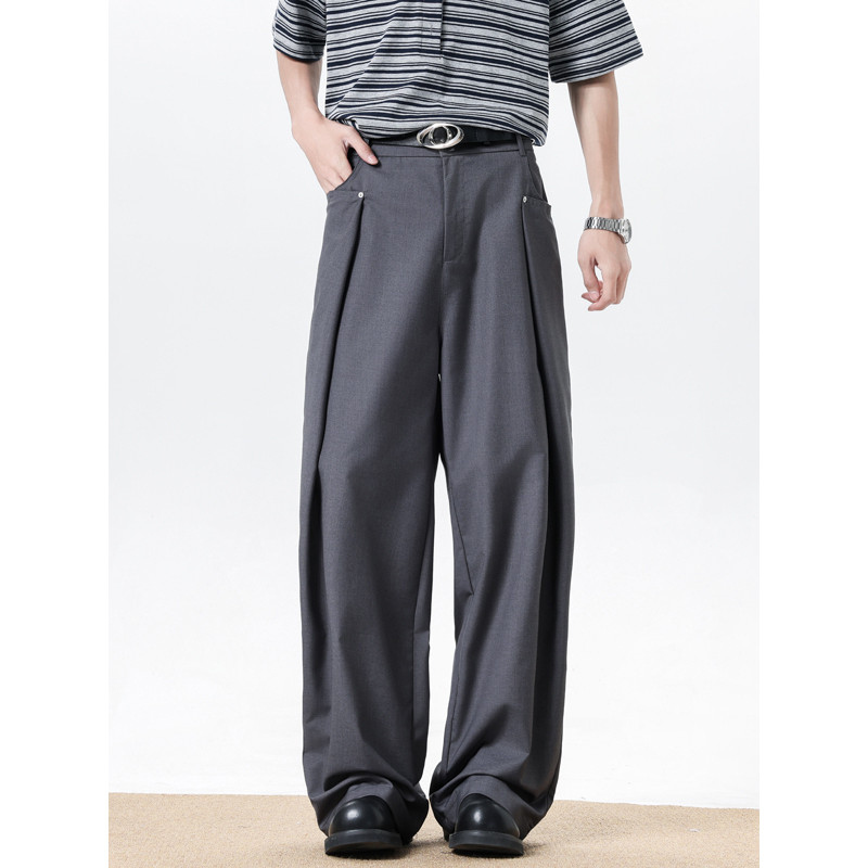 High-End sentimento plissado terno calças masculinas na moda Design desconstrução sentimento calças de perna larga verão