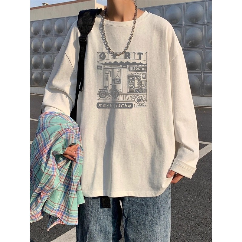 Camiseta branca de manga comprida masculina primavera outono 2026 novo estilo americano Street Wear Casual meninos puro 