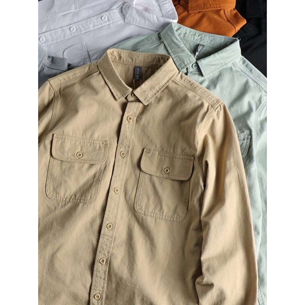 Estilo militar puro algodão Workwear camisa masculina de manga comprida primavera outono fino-ajuste duplo bolso outono 