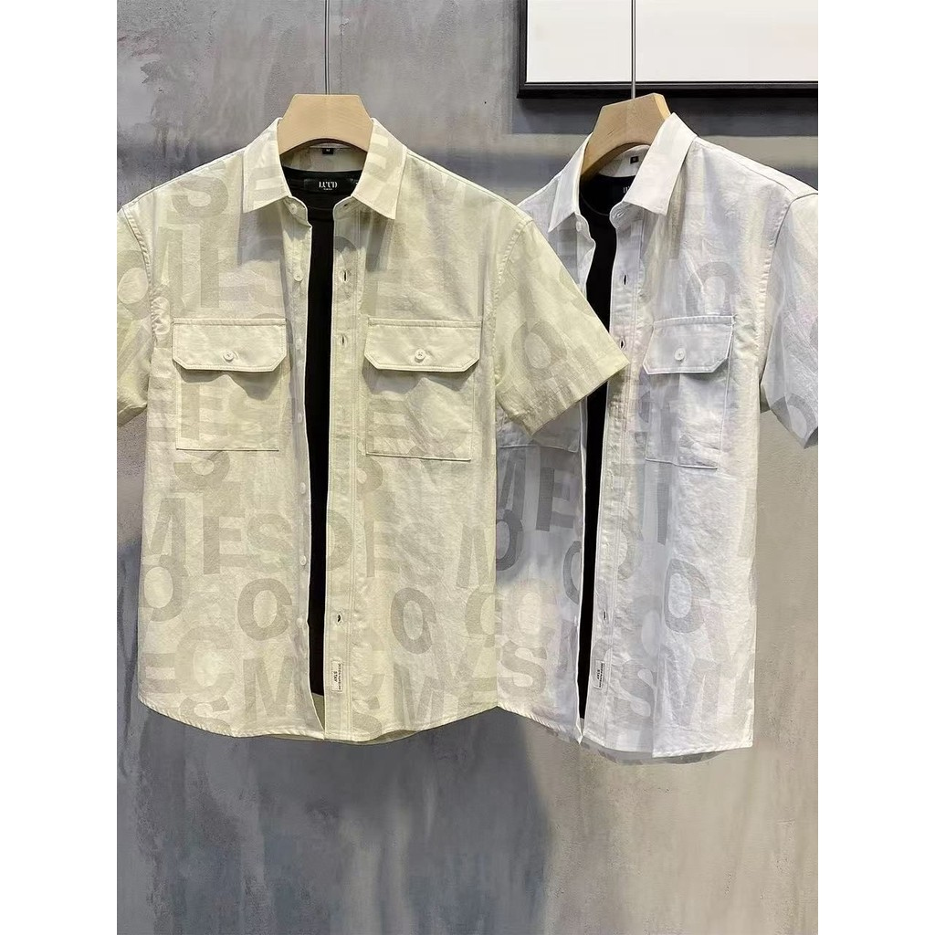Camisa de manga curta estampada com letras exclusivas, camisa masculina de verão de alta qualidade com estampa completa,