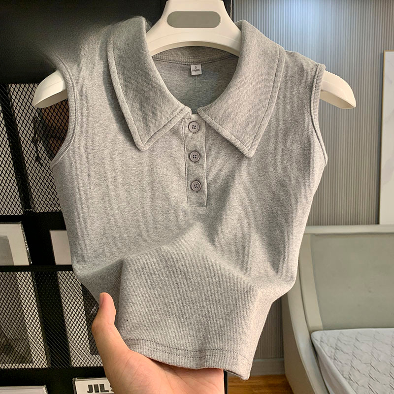 Verão novo estilo gola POLO estilo básico sem mangas camiseta colete feminino All-Match pequeno estilo curto fino-ajuste