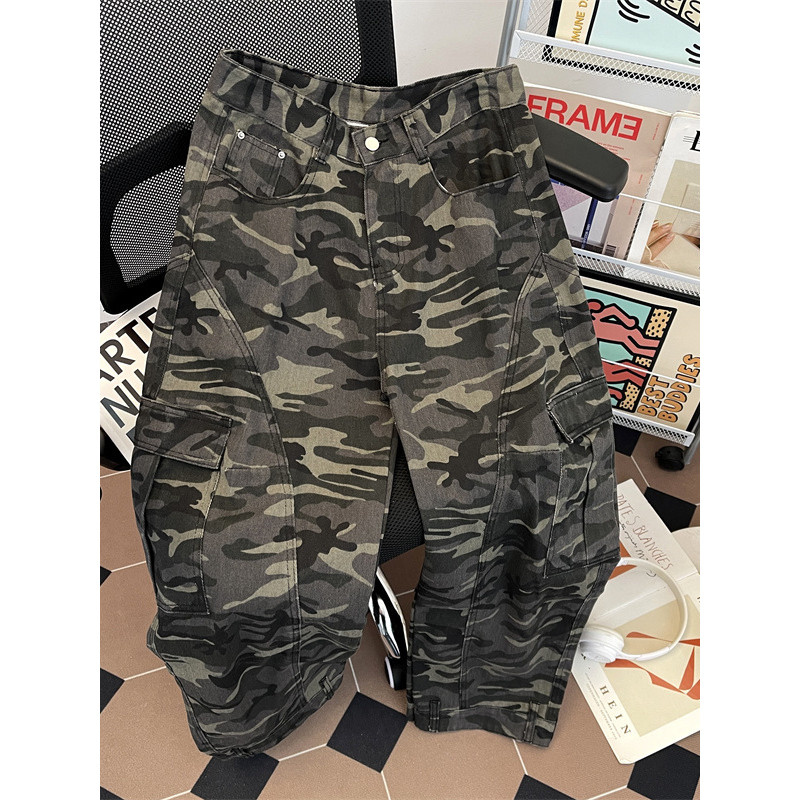 Calça Jeans masculina camuflada americana, unissex, com vários bolsos, desconstrução, perna larga, roupa de rua, macacão