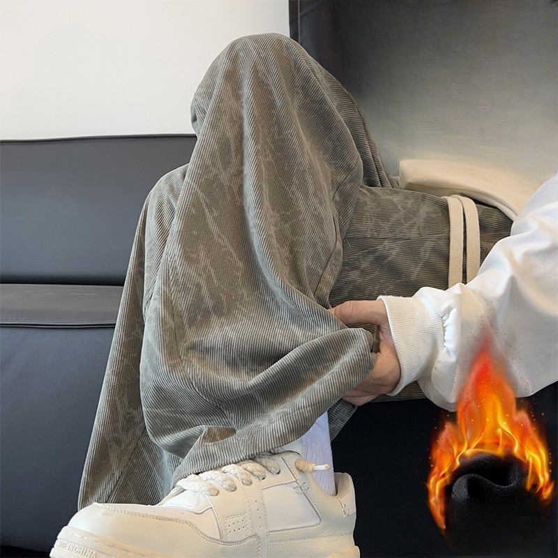 Calças compridas 2025 novo estilo na moda masculina primavera outono forro de lã engrossado solto em linha reta esportes