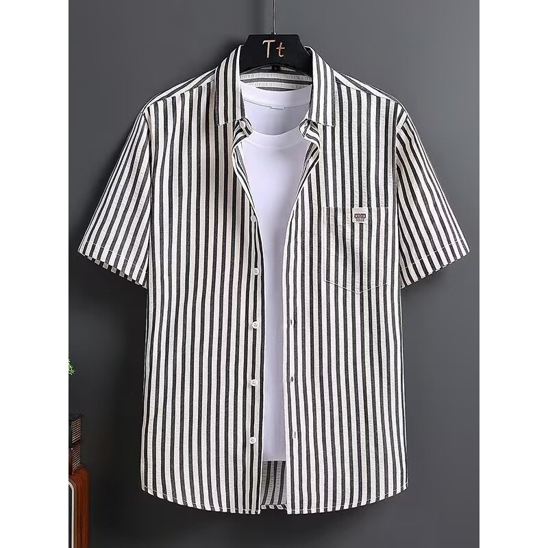 Seersucker camisa de manga curta masculina verão fino legal Casual polegada camisa High-End masculino listrado camisa de