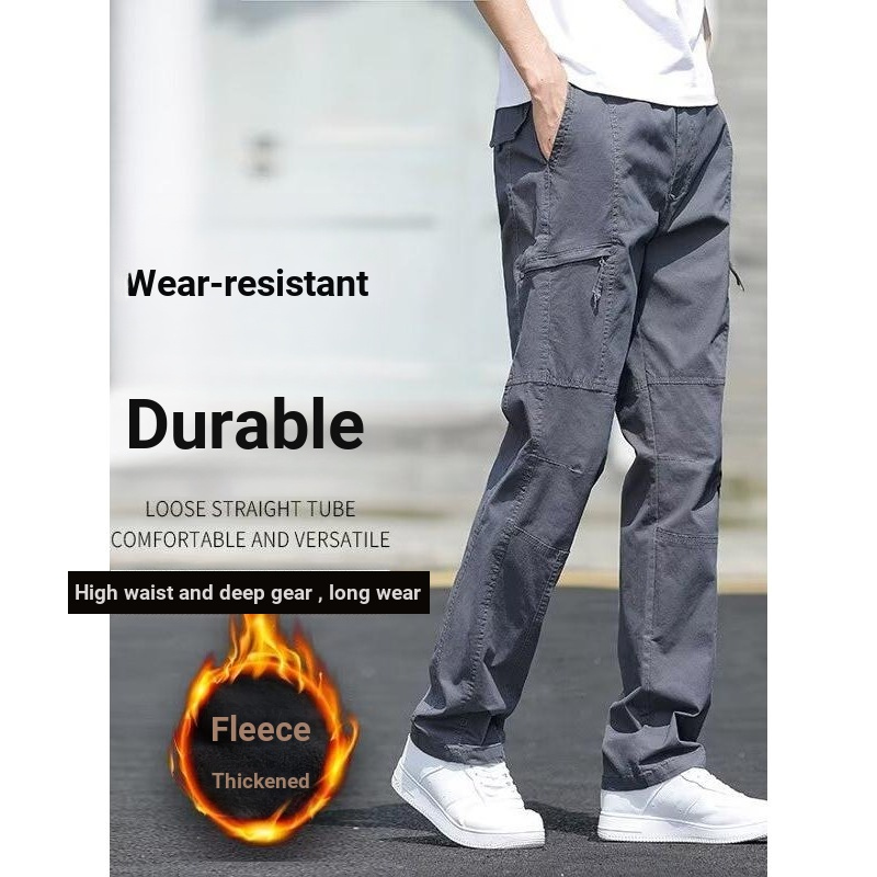 Macacão reto masculino outono inverno forro de lã Multi-bolso calças casuais americanas masculino resistente ao desgaste