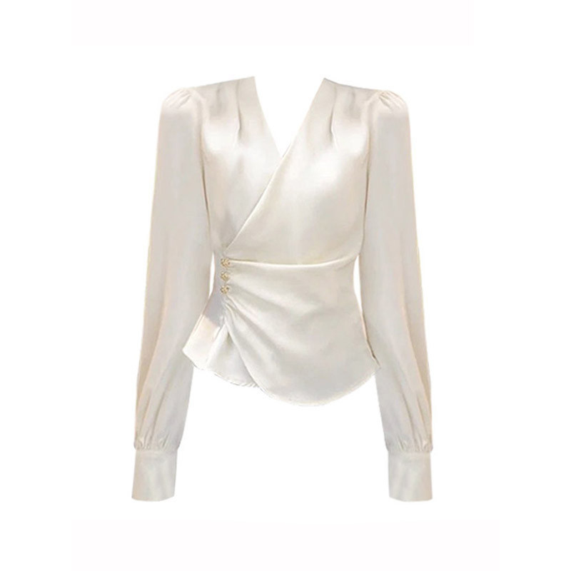 Fat mm Plus Size feminino primavera europeu francês cetim com decote em v camisa elegante High-End pequena camisa temper