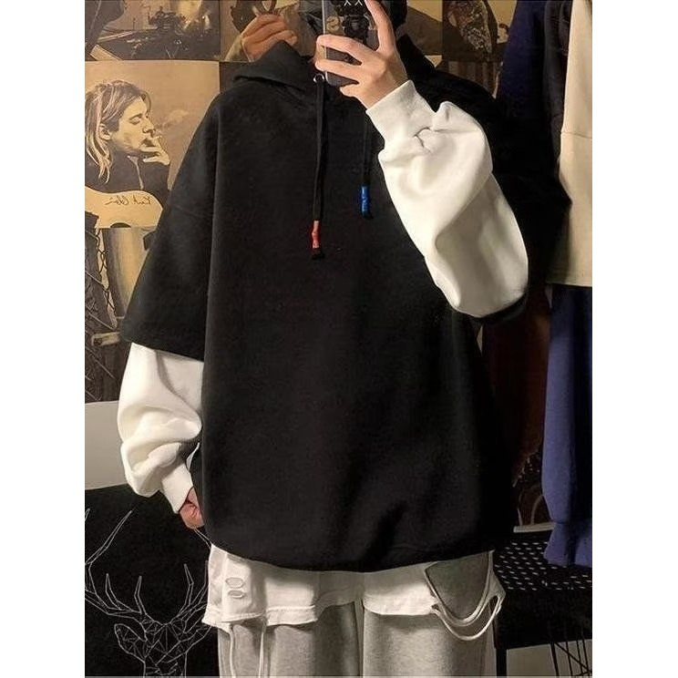 Falso moletom de duas peças masculino com capuz outono inverno roupas High-End sentimento pesado americano Retro pesado 