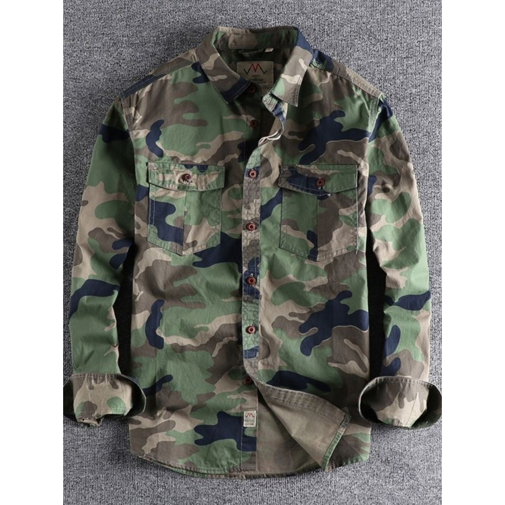 Algodão puro lavado camuflagem americano ferramentas camisa de manga comprida masculina bolsos duplos All-Match Casual m em Oferta na Shopee