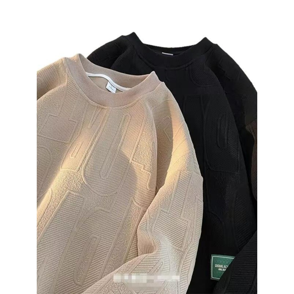 Camiseta masculina de manga comprida pesada primavera outono Oversized na moda ins solto juventude Jacquard em torno do 
