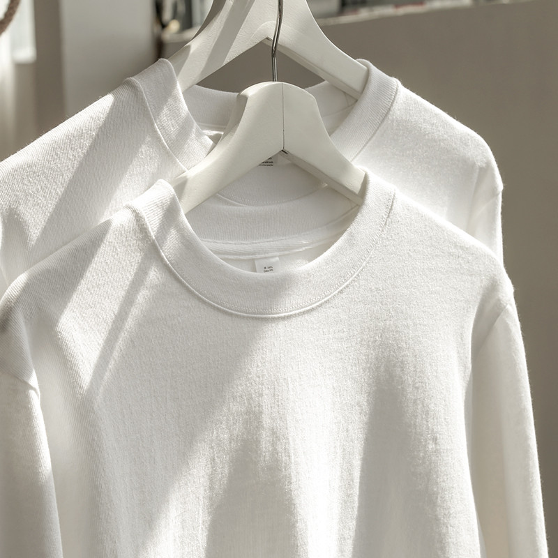 Camiseta de algodão 300g Xinjiang algodão pesado puro algodão estilo básico de manga comprida branco jogo interno cor só