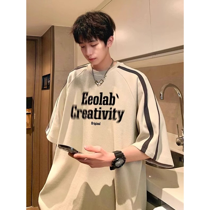 Americano Retro pesado 100% algodão de manga curta camiseta masculina verão listrado fita manga Raglan camiseta casal