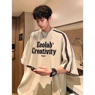 Americano Retro pesado 100% algodão de manga curta camiseta masculina verão listrado fita manga Raglan camiseta casal
