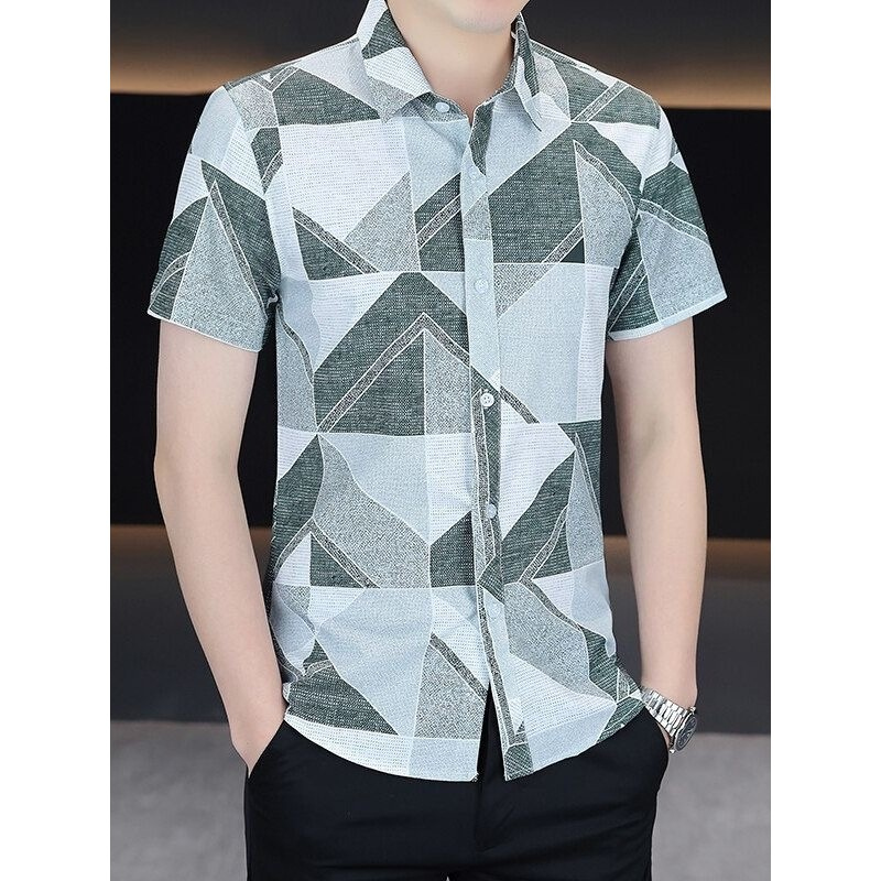 Camisa masculina de manga curta verão estilo fino exclusivo impresso camisa Casual masculina respirável seda gelo não-pa