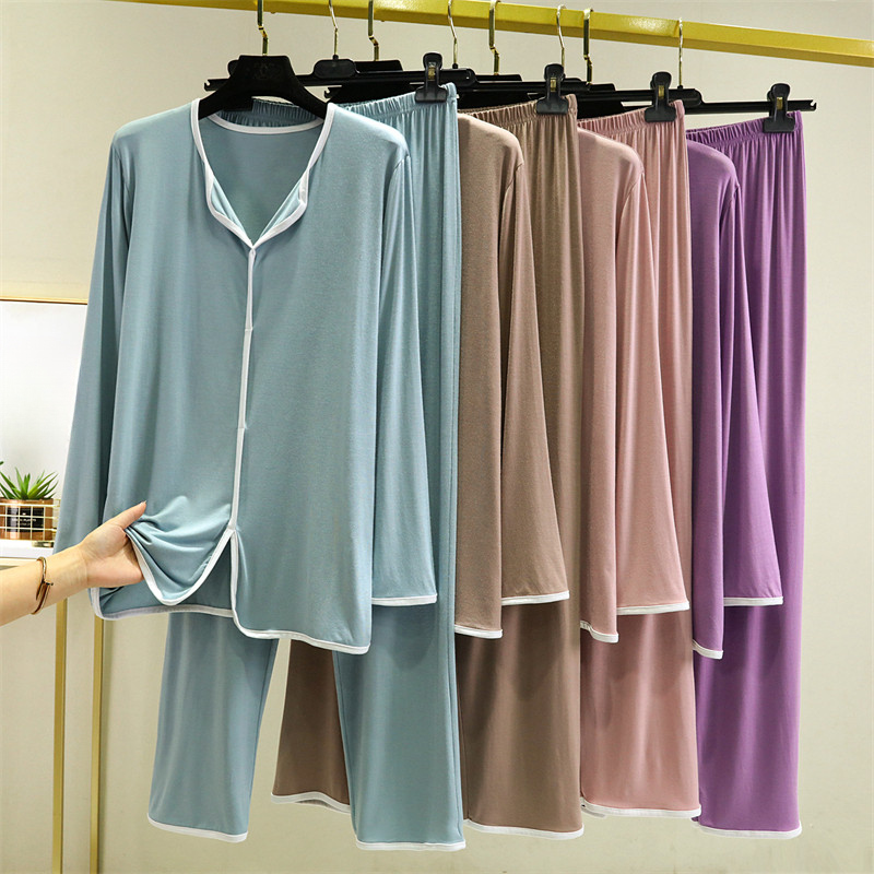 Modal camiseta de manga comprida feminina primavera outono tamanho grande solto fino pijamas conjunto versão coreana All