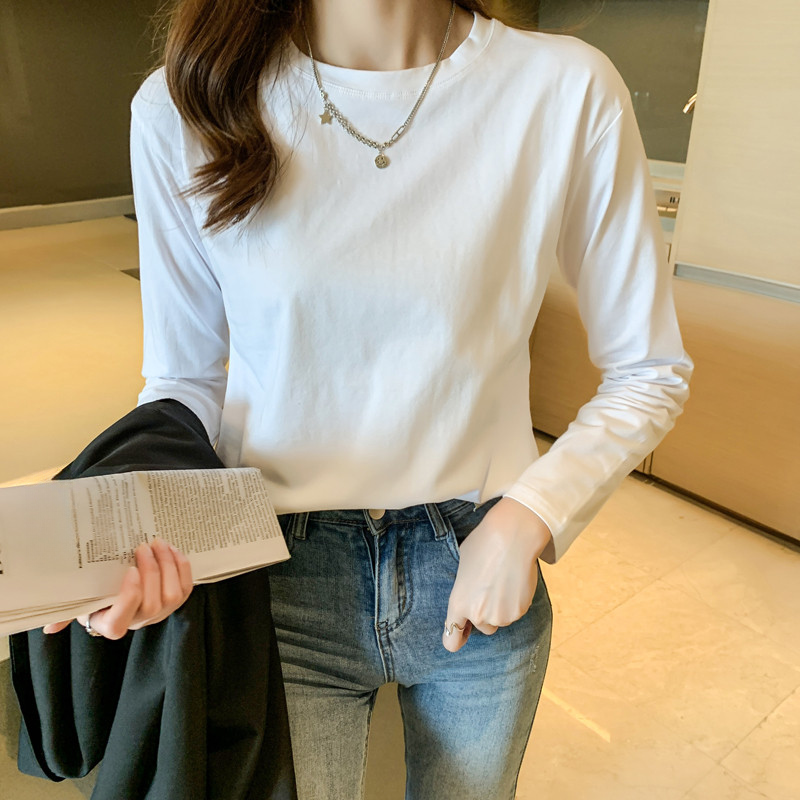 2026 primavera outono inverno estilo ocidental em camadas branco puro algodão de manga comprida camiseta feminina ajuste