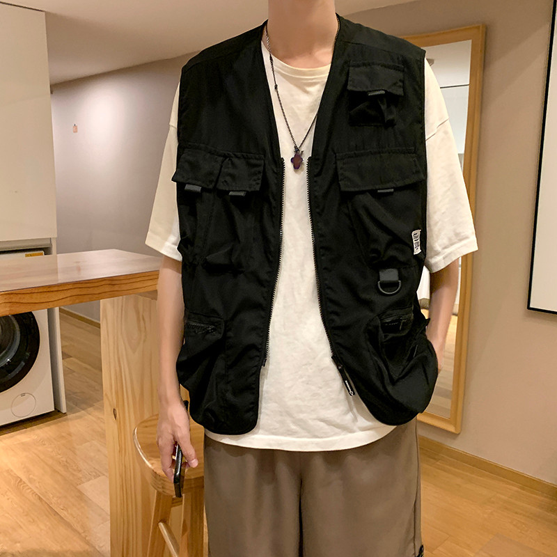Colete de ferramentas funcionais masculino estilo Hong Kong japonês solto colete topo verão ins Street Wear Multi-bolso 