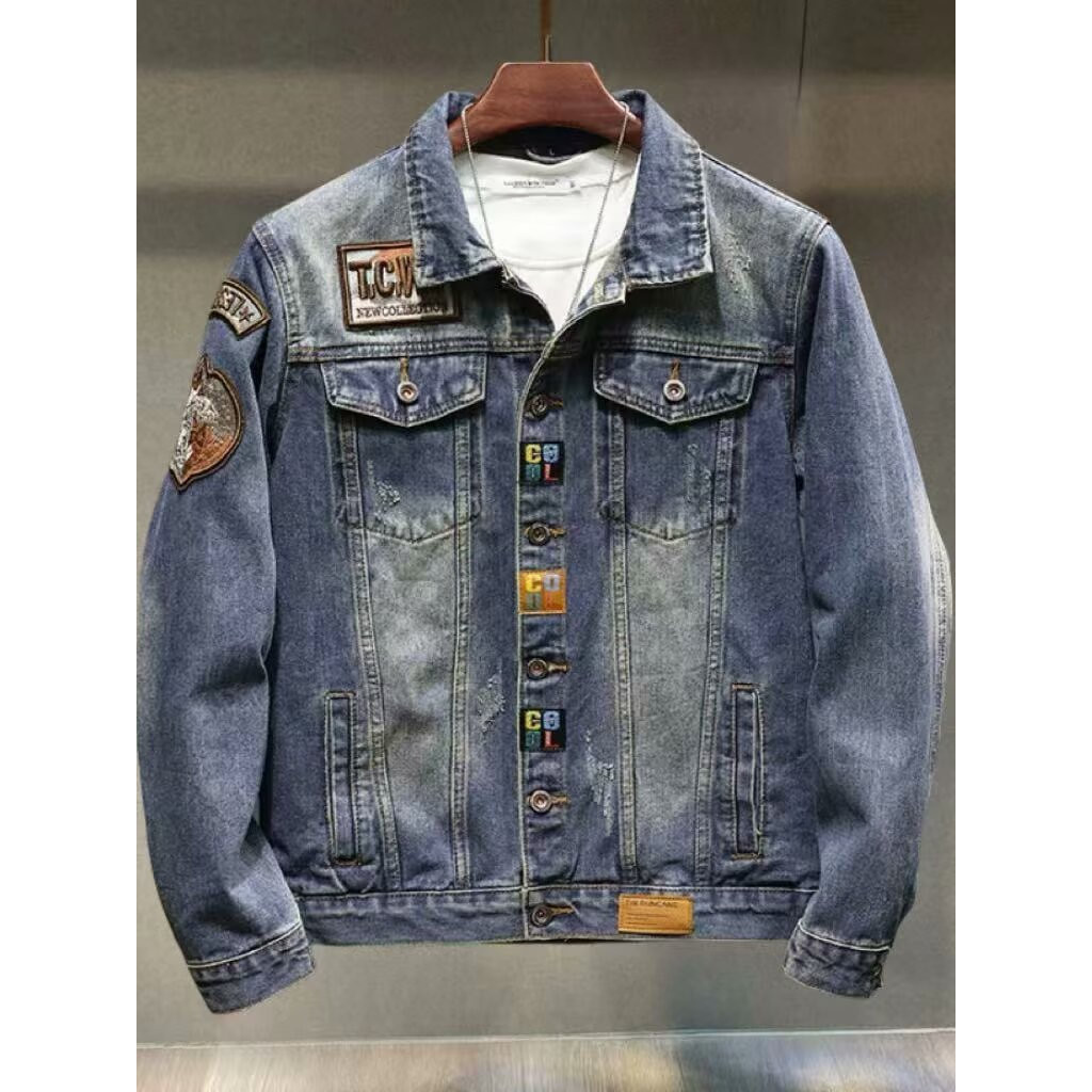Jaqueta jeans bordada de alta qualidade masculina 2026 novo estilo primavera solta lavada estilo americano roupa de rua 