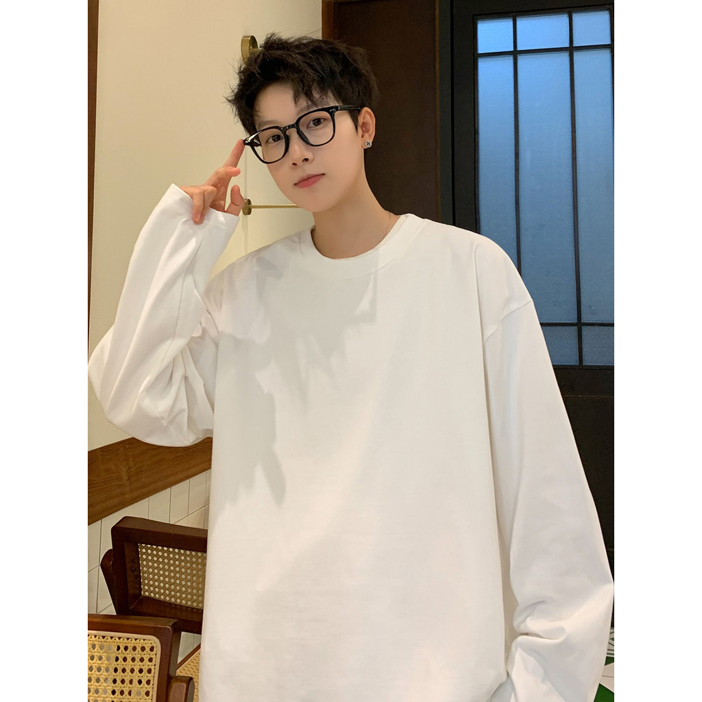 2026 novo estilo puro algodão branco juventude manga comprida camiseta masculina primavera outono Street Wear solto tama
